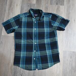 Patagonia Organic Cotton Plaid Button Up Shirt Mens Short Sleeve Blue Green